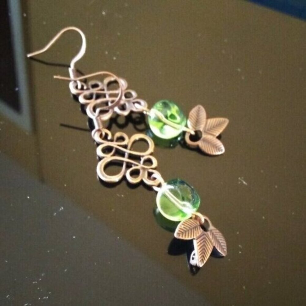 Feminine Copper Celtic Knot Filigree & Leaf Dangle Earrings ~ Spring + Fall - Picture 2 of 5